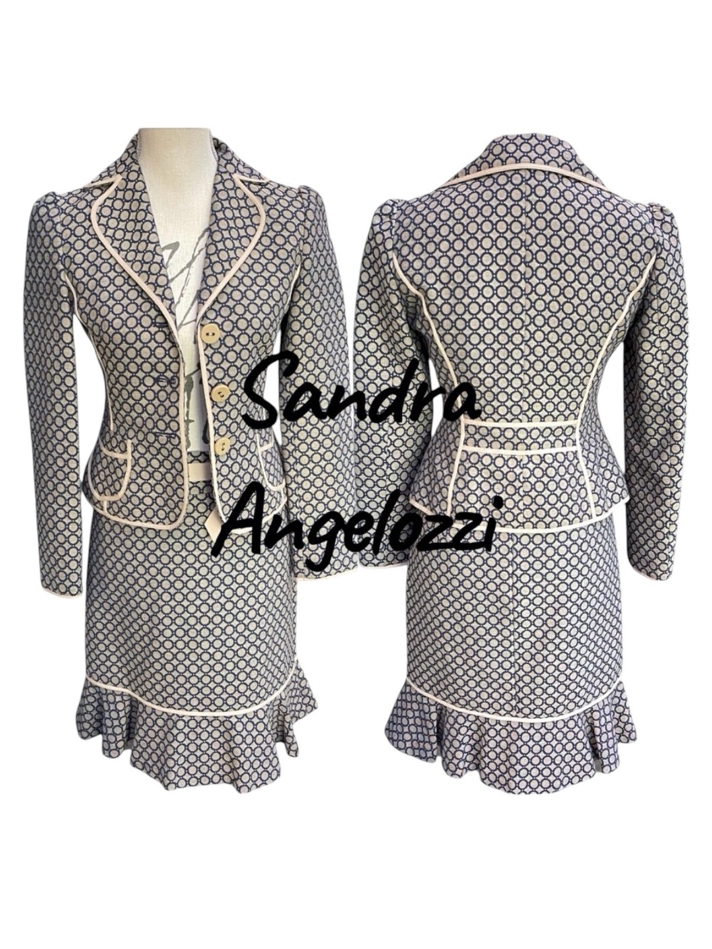 Sandra Angelozzi Navy/Tan Circle Fitted Jacket and Ruffle Hem Skirt Suit (0/2)